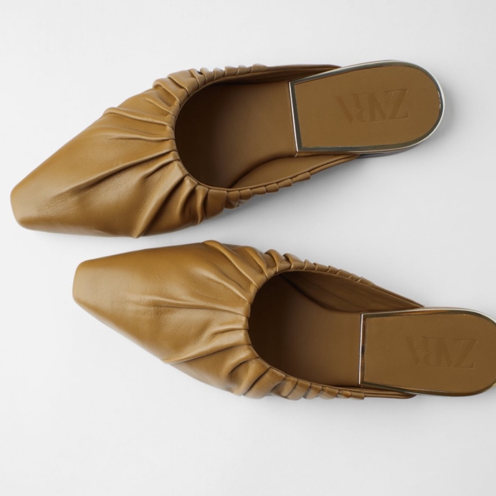 Zara ruched flat leather mules
